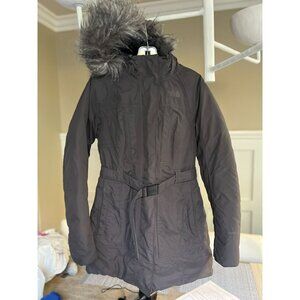 The North Face Women's HyVent Long Belted Winter Coat With Faux Fur Hood size M